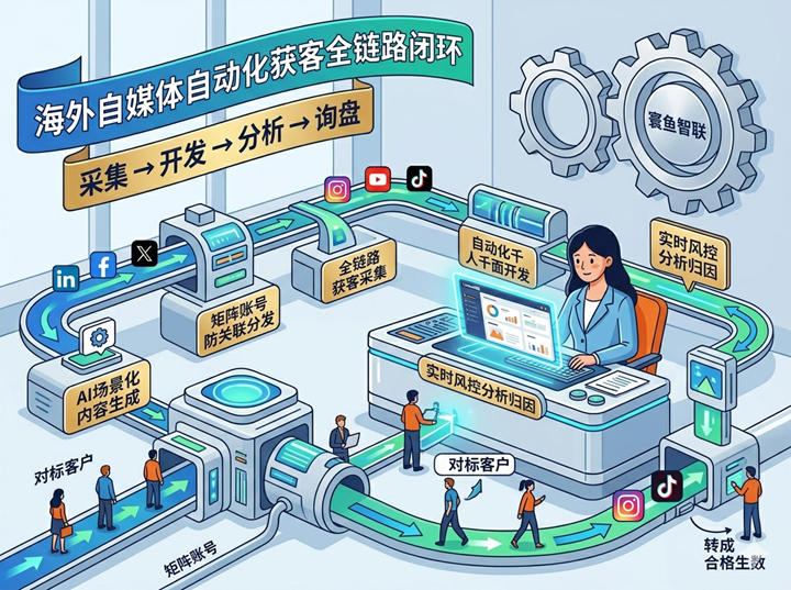 寰鱼智联AI社媒引流王：涵盖AI内容生成、矩阵账号防关联分发、全链路获客采集与实时监控的自动化闭环流程图.png