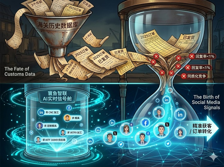 海关历史数据卡在漏斗中,对比下方AI实时社媒信号捕捉(寰鱼智联外贸系统)概念图强调从过期数据到实时信号的转移.jpg